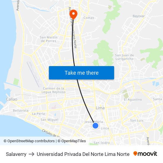 Salaverry to Universidad Privada Del Norte Lima Norte map
