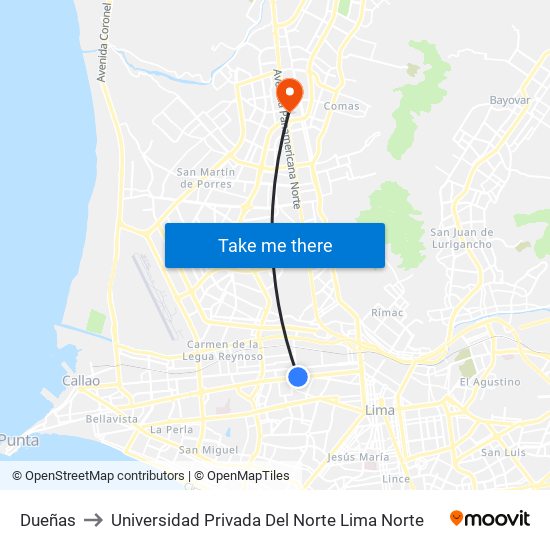 Dueñas to Universidad Privada Del Norte Lima Norte map