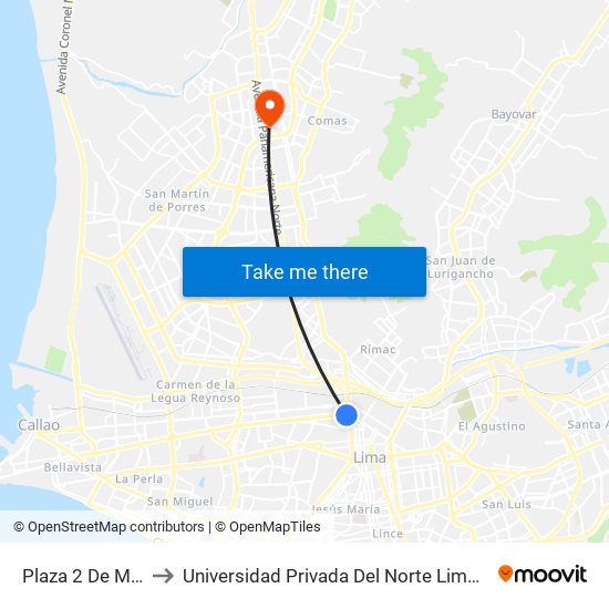 Plaza 2 De Mayo to Universidad Privada Del Norte Lima Norte map
