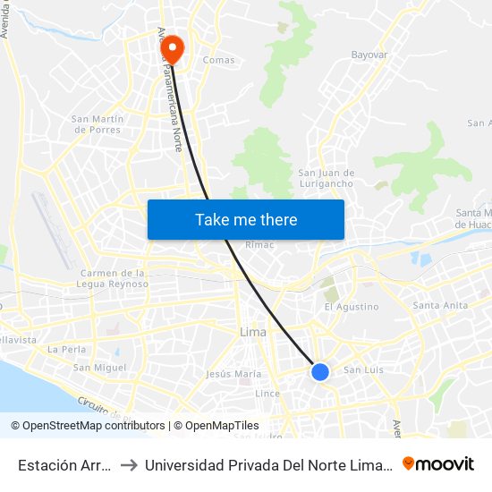 Estación Arriola to Universidad Privada Del Norte Lima Norte map
