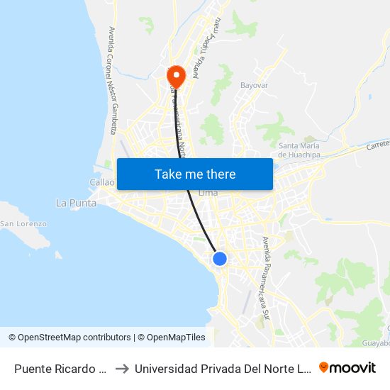 Puente Ricardo Palma to Universidad Privada Del Norte Lima Norte map