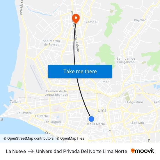 La Nueve to Universidad Privada Del Norte Lima Norte map