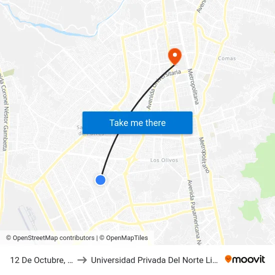 12 De Octubre, 1521 to Universidad Privada Del Norte Lima Norte map