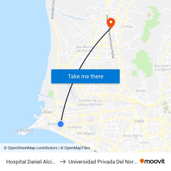 Hospital Daniel Alcides Carrión to Universidad Privada Del Norte Lima Norte map