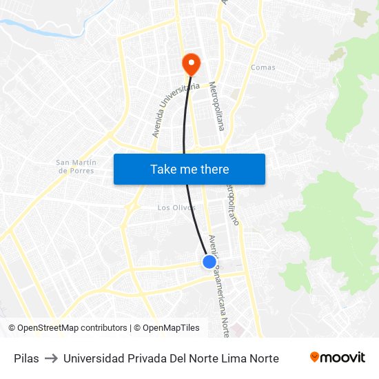 Pilas to Universidad Privada Del Norte Lima Norte map