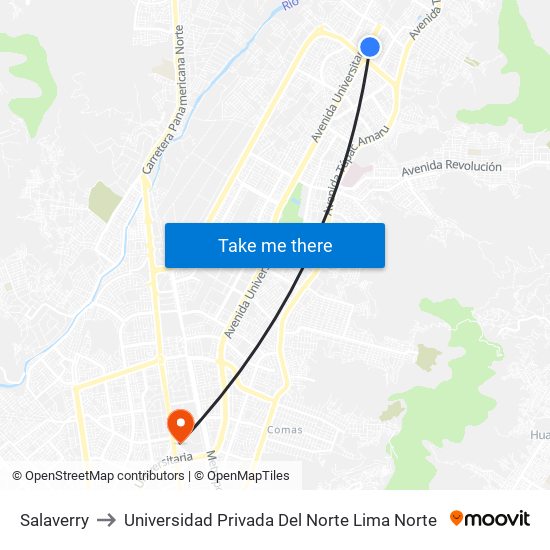 Salaverry to Universidad Privada Del Norte Lima Norte map