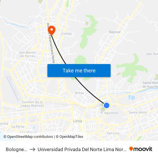 Bolognesi to Universidad Privada Del Norte Lima Norte map
