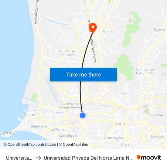 Universitaria to Universidad Privada Del Norte Lima Norte map