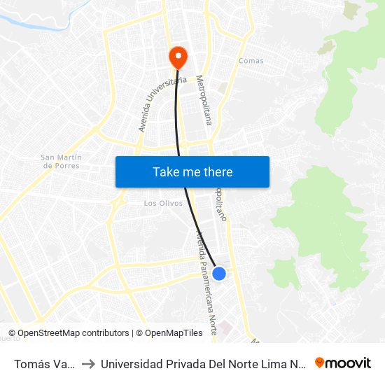 Tomás Valle to Universidad Privada Del Norte Lima Norte map