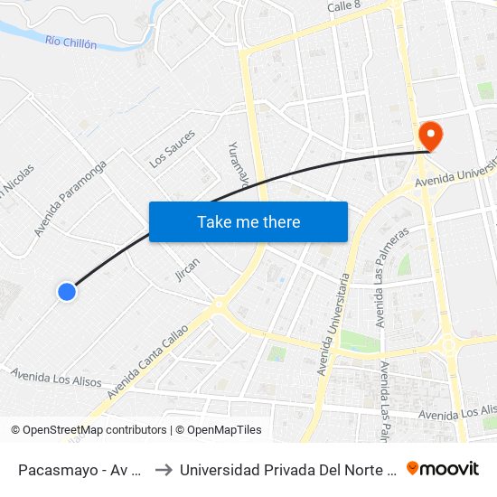 Pacasmayo - Av El Olivar to Universidad Privada Del Norte Lima Norte map