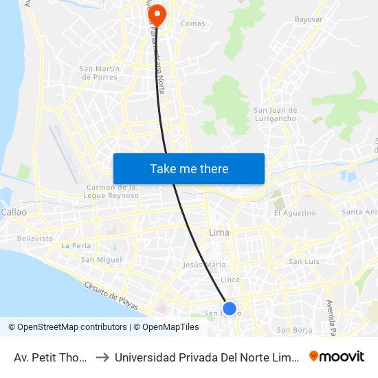Av. Petit Thouars to Universidad Privada Del Norte Lima Norte map