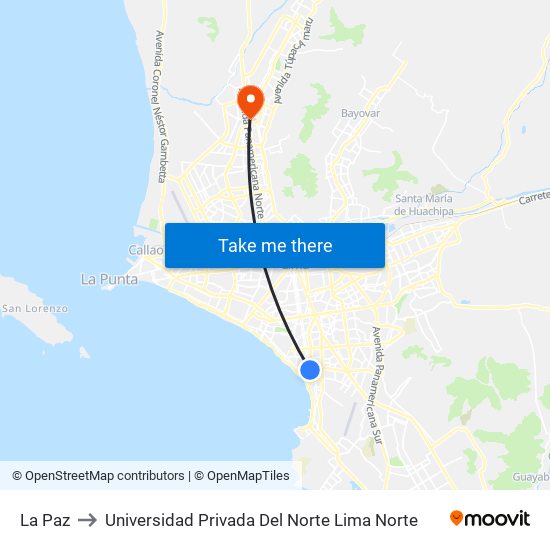 La Paz to Universidad Privada Del Norte Lima Norte map