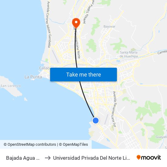 Bajada Agua Dulce to Universidad Privada Del Norte Lima Norte map