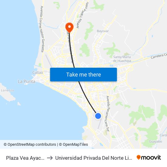 Plaza Vea Ayacucho to Universidad Privada Del Norte Lima Norte map