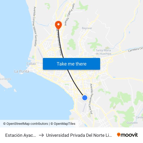 Estación Ayacucho to Universidad Privada Del Norte Lima Norte map