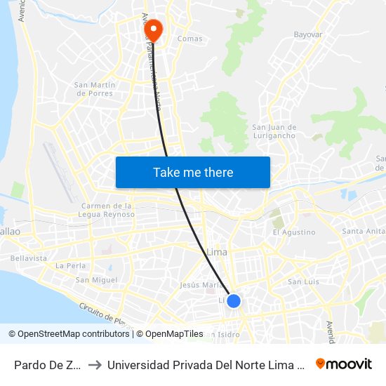 Pardo De Zela to Universidad Privada Del Norte Lima Norte map