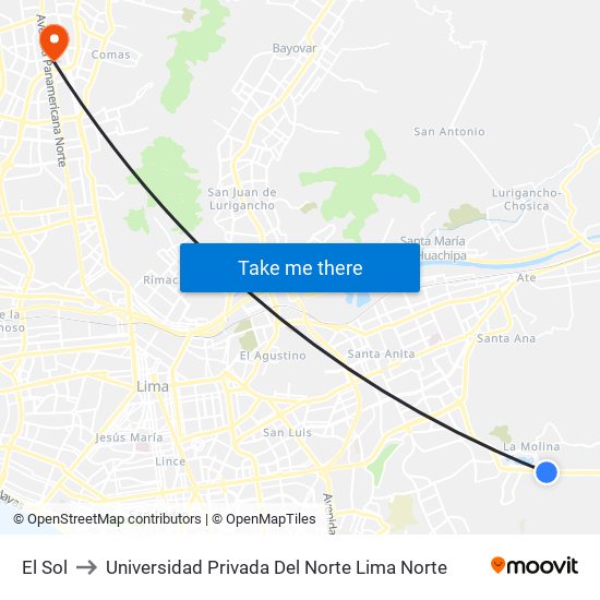 El Sol to Universidad Privada Del Norte Lima Norte map