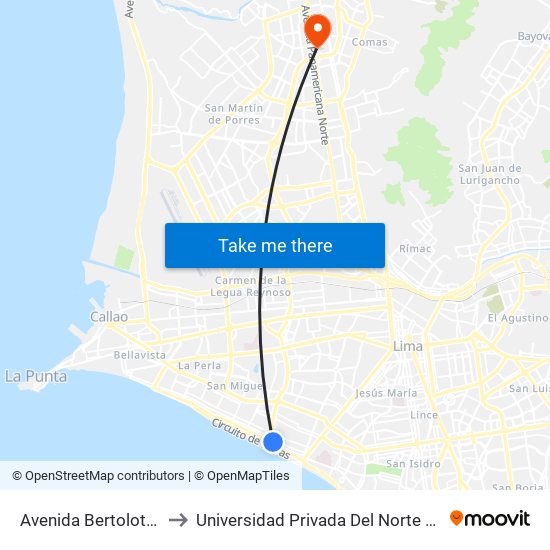 Avenida Bertolotto, 730 to Universidad Privada Del Norte Lima Norte map