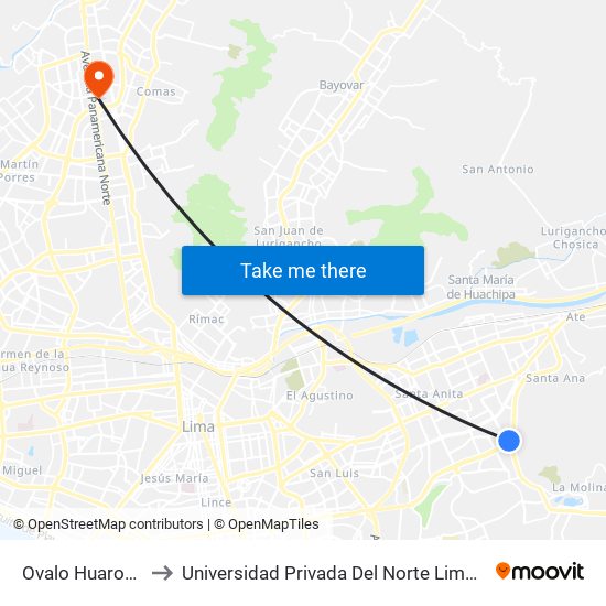 Ovalo Huarochirí to Universidad Privada Del Norte Lima Norte map