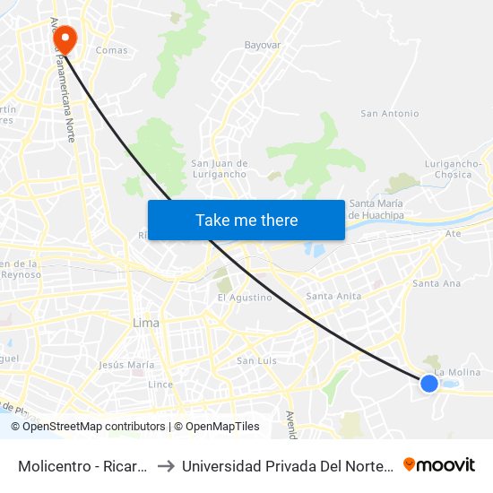 Molicentro - Ricardo Elías to Universidad Privada Del Norte Lima Norte map