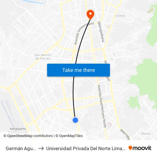 Germán Aguirre to Universidad Privada Del Norte Lima Norte map