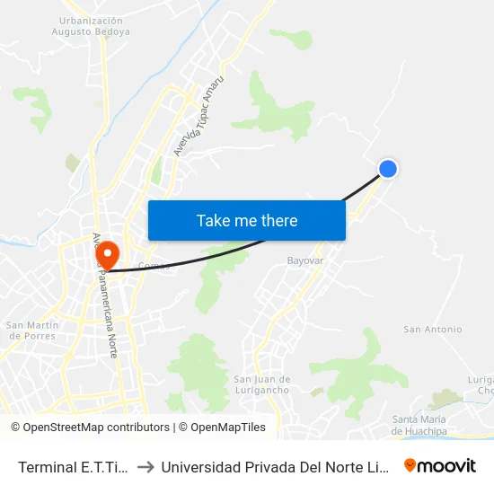 Terminal E.T.Tigrillo to Universidad Privada Del Norte Lima Norte map