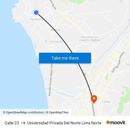 Calle 23 to Universidad Privada Del Norte Lima Norte map