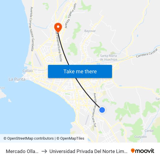 Mercado Ollantay to Universidad Privada Del Norte Lima Norte map