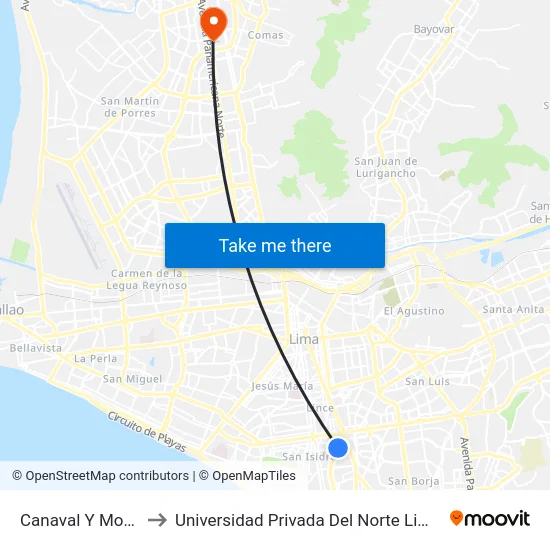 Canaval Y Moreyra to Universidad Privada Del Norte Lima Norte map