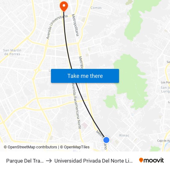Parque Del Trabajo to Universidad Privada Del Norte Lima Norte map