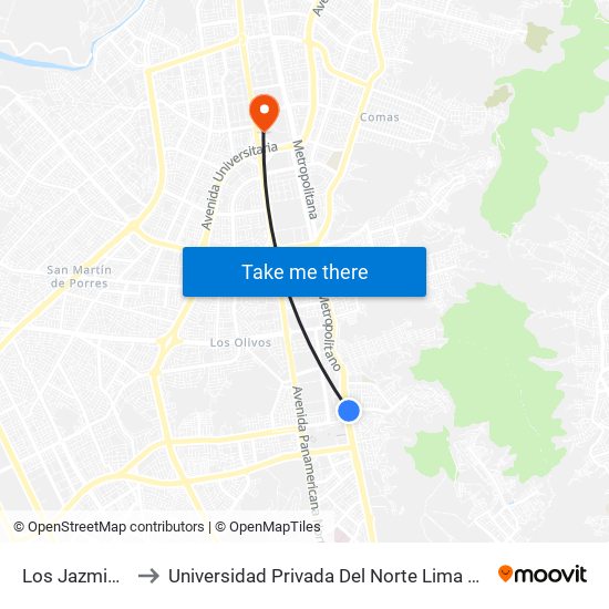 Los Jazmines to Universidad Privada Del Norte Lima Norte map