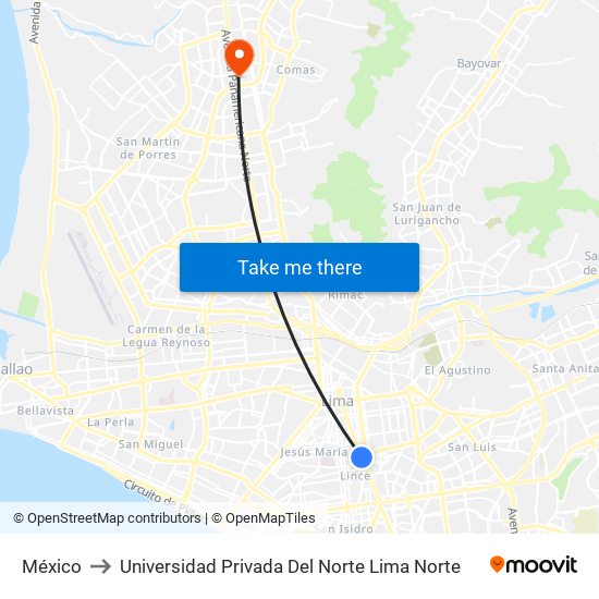 México to Universidad Privada Del Norte Lima Norte map