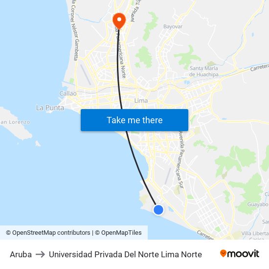 Aruba to Universidad Privada Del Norte Lima Norte map