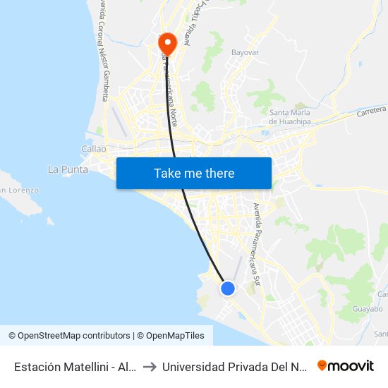 Estación Matellini - Alimentadores to Universidad Privada Del Norte Lima Norte map