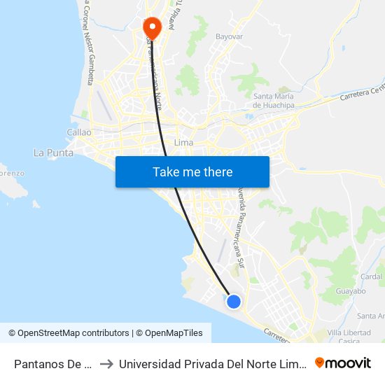 Pantanos De Villa to Universidad Privada Del Norte Lima Norte map