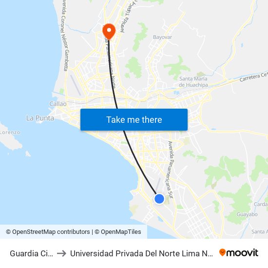 Guardia Civil to Universidad Privada Del Norte Lima Norte map