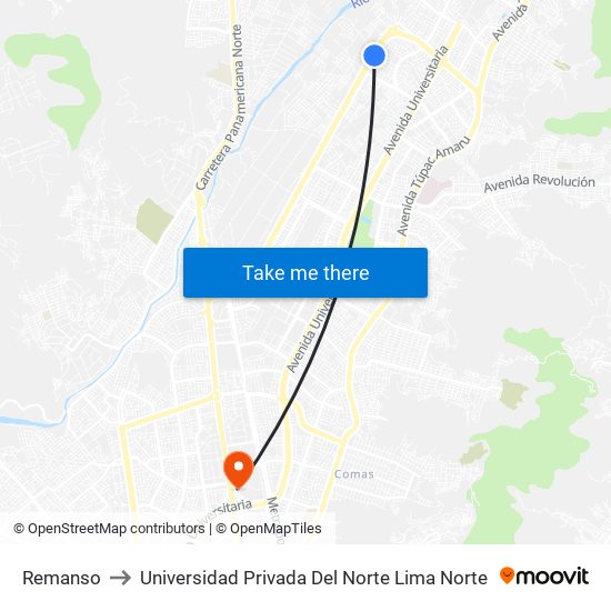 Remanso to Universidad Privada Del Norte Lima Norte map