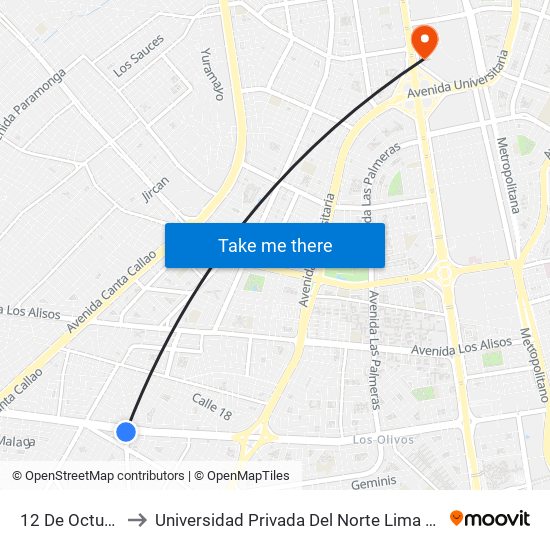 12 De Octubre to Universidad Privada Del Norte Lima Norte map