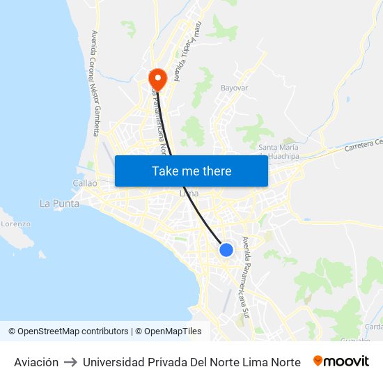 Aviación to Universidad Privada Del Norte Lima Norte map