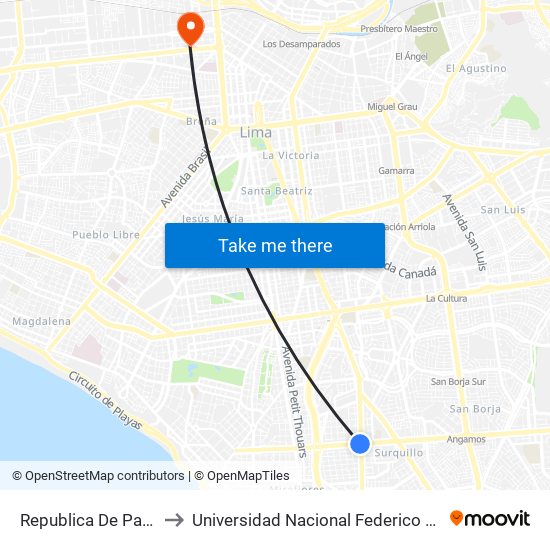 Republica De Panamá to Universidad Nacional Federico Villarreal map