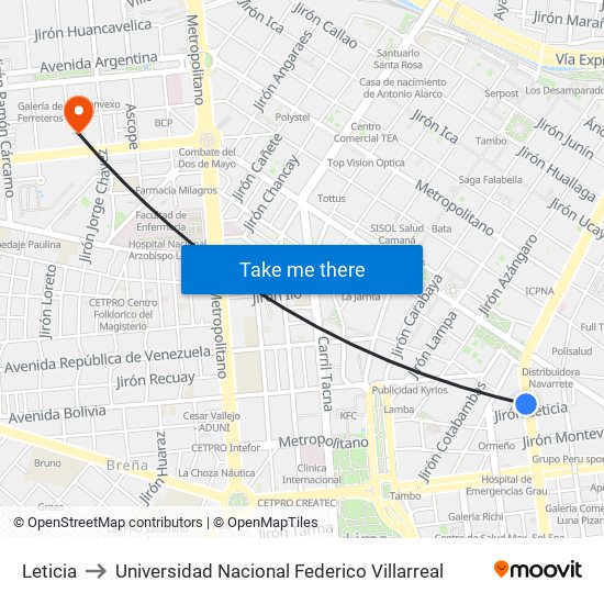 Leticia to Universidad Nacional Federico Villarreal map