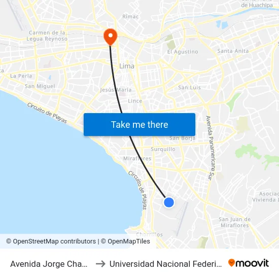 Avenida Jorge Chavez, 1218 to Universidad Nacional Federico Villarreal map