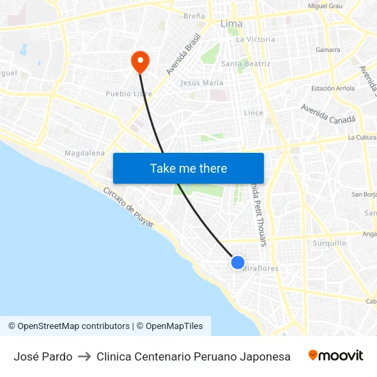 José Pardo to Clinica Centenario Peruano Japonesa map