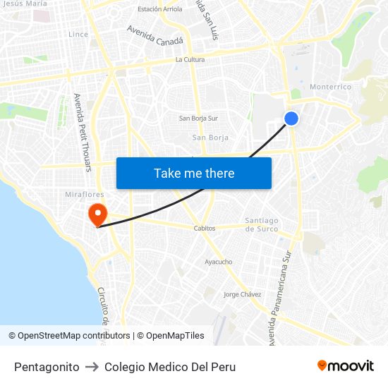 Pentagonito to Colegio Medico Del Peru map