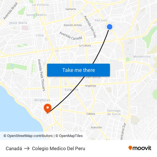 Canadá to Colegio Medico Del Peru map