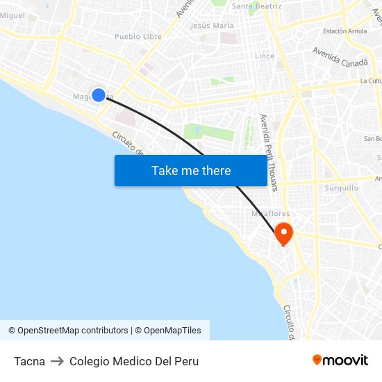 Tacna to Colegio Medico Del Peru map