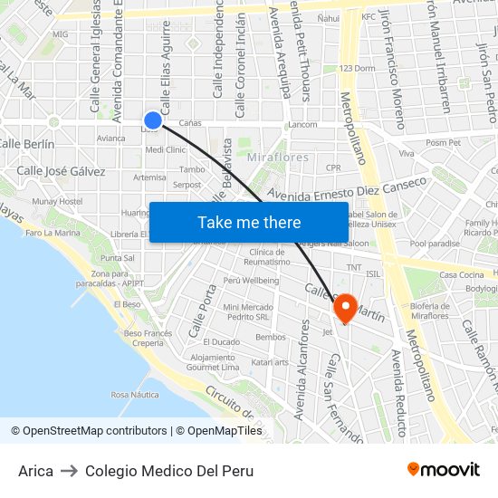 Arica to Colegio Medico Del Peru map
