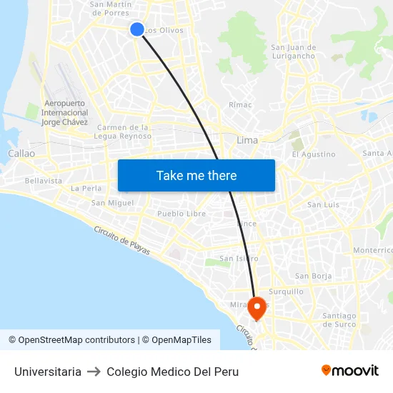 Universitaria to Colegio Medico Del Peru map