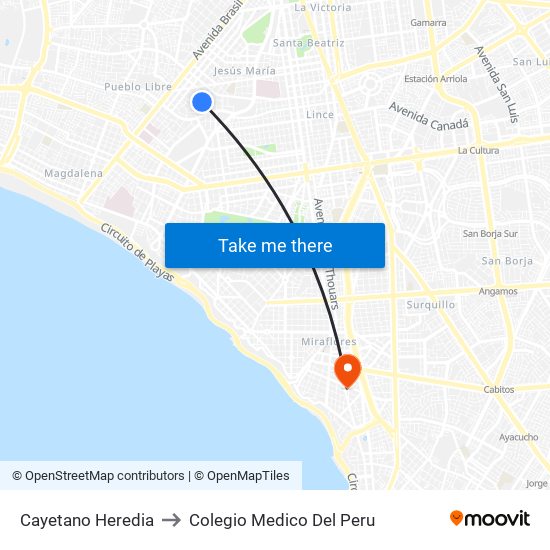 Cayetano Heredia to Colegio Medico Del Peru map