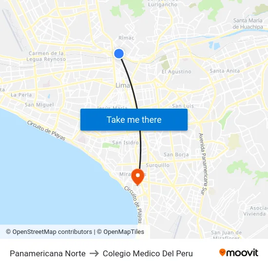 Panamericana Norte to Colegio Medico Del Peru map